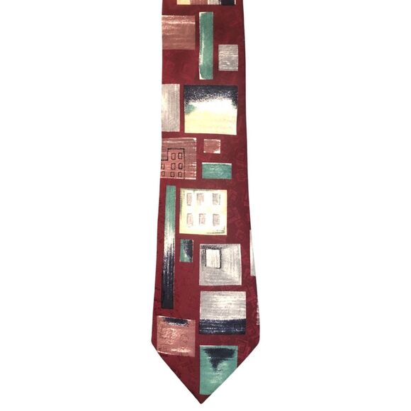 J.T. Beckett Silk Tie Abstract Buildings Business Necktie Career Red Blue Green - Picture 1 of 7